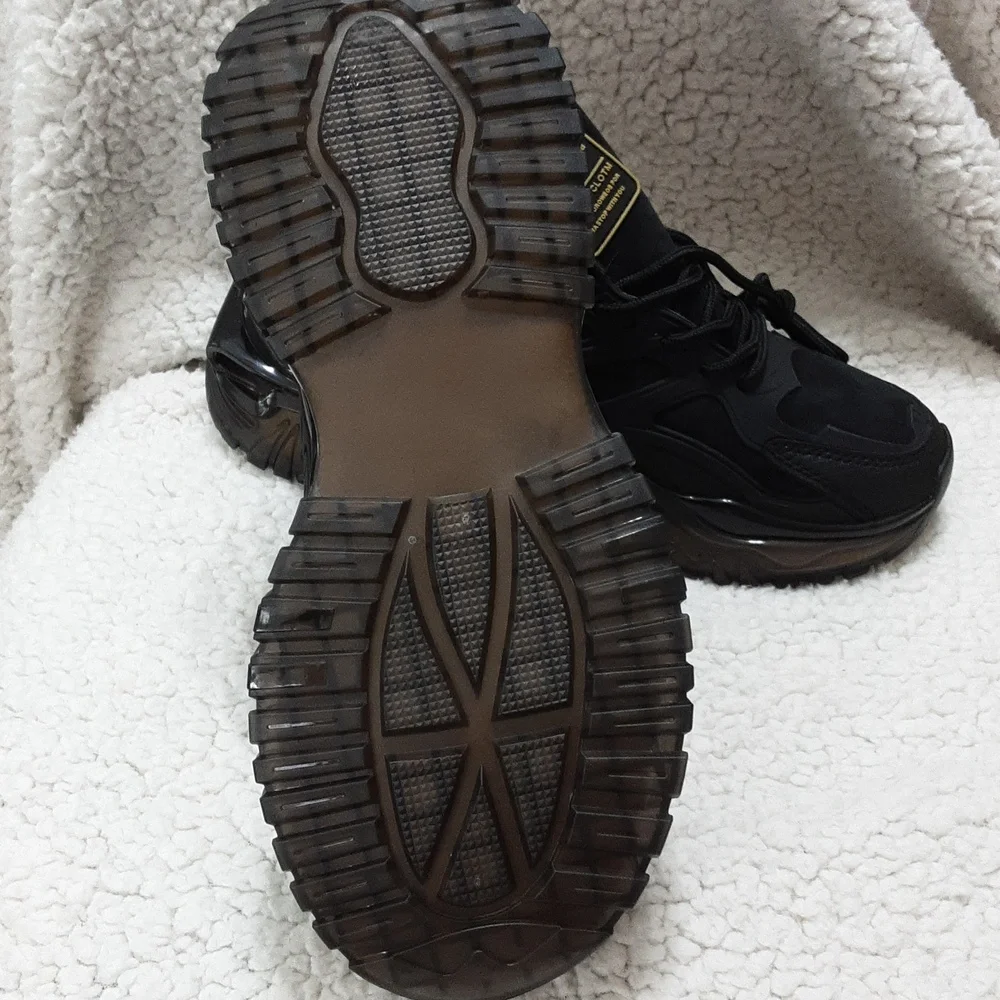 Women 's Black Athletic Chunky Sneakers with Gold Accents
